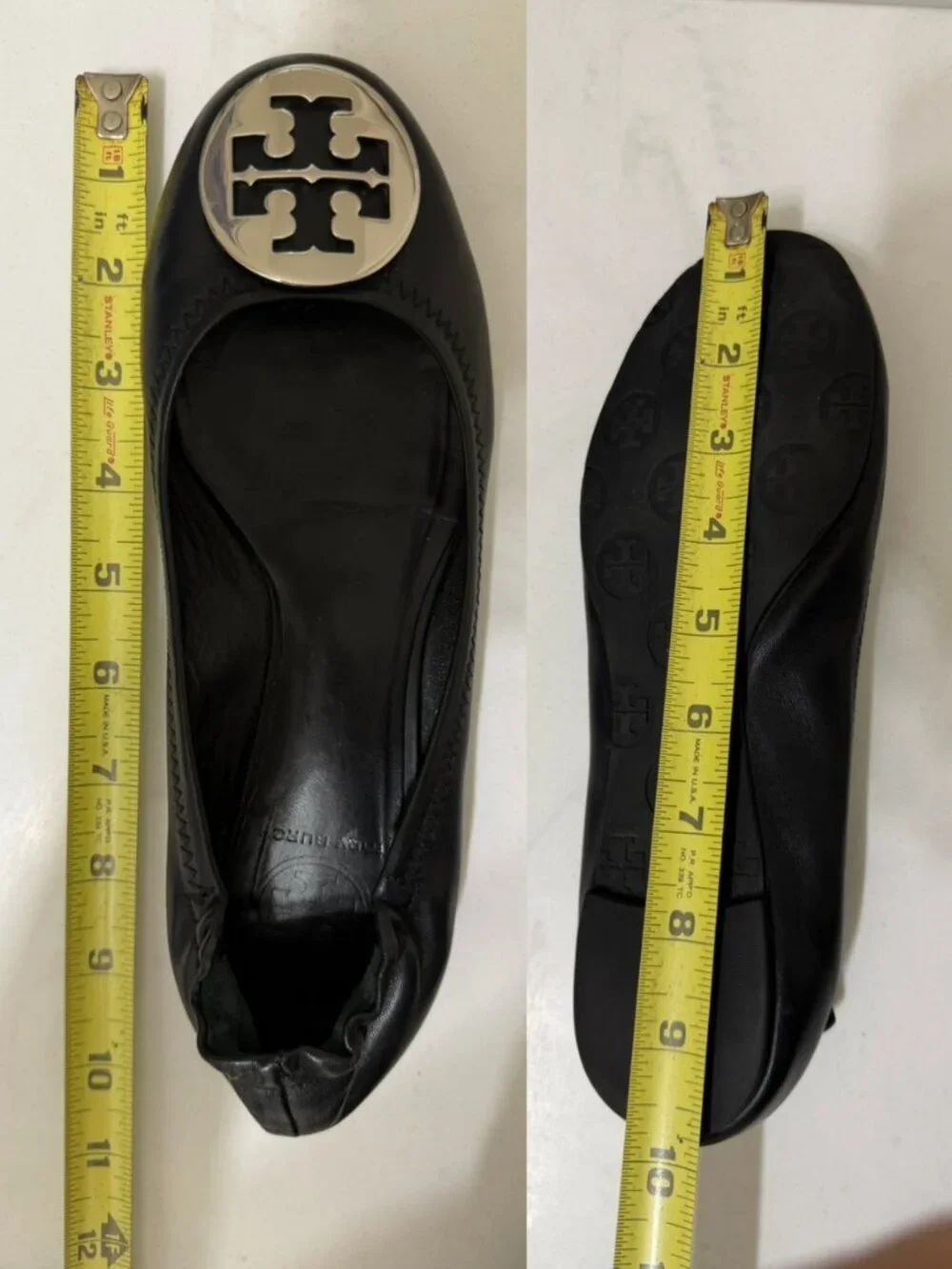 Tory Burch Reva Black Leather Ballet Flats Silver Logo 7.5